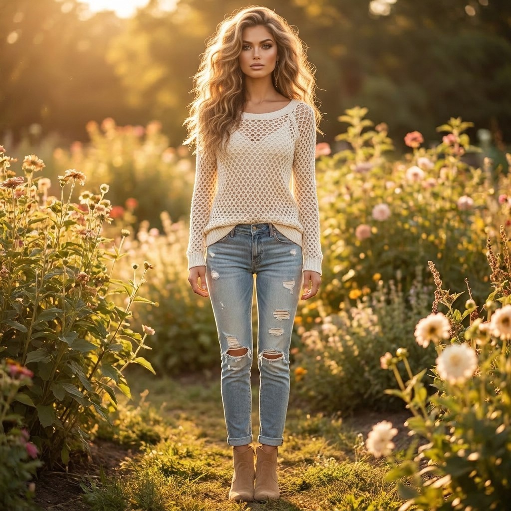 American Eagle Open Knit Crochet Sweater Womens M Cream Boho Coastal Festival